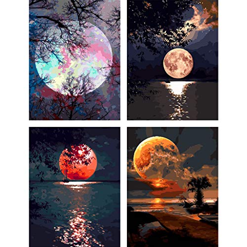 COLORWORK DIY Paint by Numbers, Canvas Oil Painting Kit for Kids & Adults, 12' W x 16' L Drawing Paintwork with Paintbrushes, Full Moon 4 PCS Set