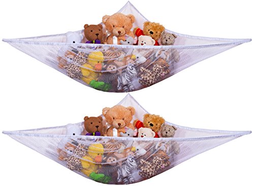 Jumbo Toy Hammock, White - Organize Stuffed Animals and Children's Toys with this Mesh Hammock. Great Decor while Neatly Organizing Kid's Toys and Stuffed Animals. Expands to 5.5 feet. (2-Pack)