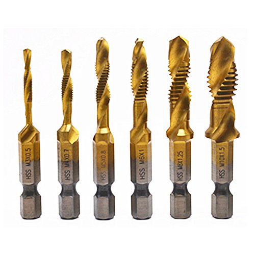 Sunxenze 6Pcs Titanium Combination Drill and Tap Set,Metric Thread HSS M3-M10 Screw Tapping bit Tool 1/4' Hex Shank