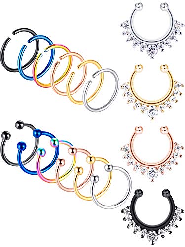 Blulu 16 Pieces 20 G Stainless Steel Nose Hoop Ring Non-piercing Nose Ring Lip Ring Ear Cuff Fake Septum Ring for Body Jewelry, 3 Styles (colorful)