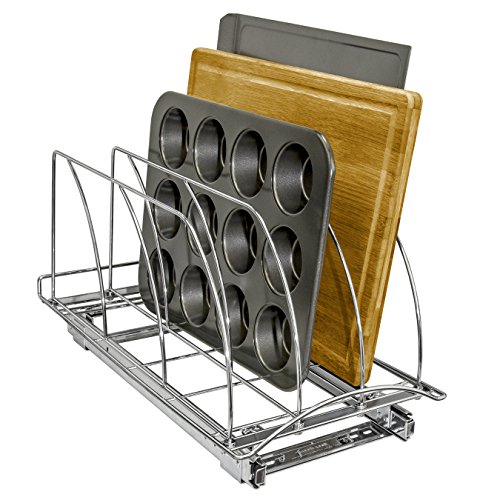 Lynk Slide Out Cutting Board, Bakeware, and Tray Organizer Pull Out Kitchen Cabinet Rack, 10w x 21d x 9.6h -inch, Chrome