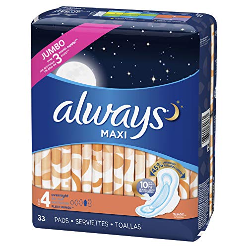 ALWAYS Maxi Size 4 Overnight Pads with Wings Unscented, 33 Count