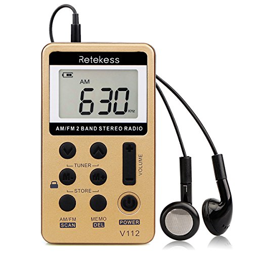 retekess V112 AM FM Radio Portable Mini Radio with Earphone Pocket Digital Tuning Rechargeable Battery LCD Display for Walking Jogging(Gold)