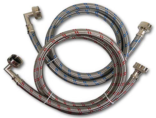 Premium Stainless Steel Washing Machine Hoses with 90 Degree Elbow, 4 Ft Burst Proof (2 Pack) Red and Blue Striped Water Connection Inlet Supply Lines - Lead Free