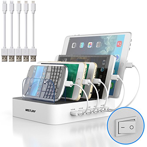 Charging Station for Multiple Devices MSTJRY 5 Port Multi USB Charger Station with Power Switch Compatible with iPhone, iPad, Cell Phone, Tablets (White, 5 Mixed Short Cables Included)