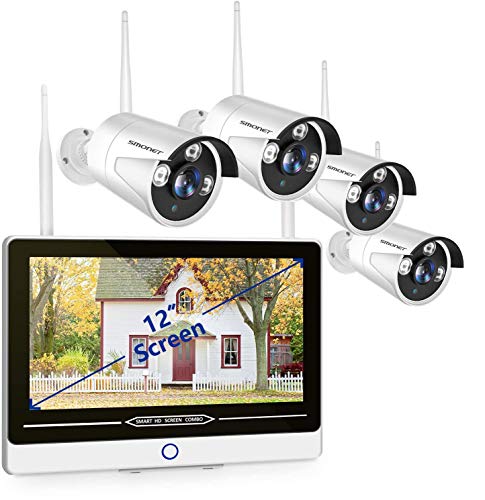 SMONET All in One with 12” Monitor 1080P Security Camera System Wireless,8-Channel Outdoor Home Camera System,4pcs 2.0MP(1080P) Waterproof Wireless IP Camera,P2P,Free APP,No Hard Drive