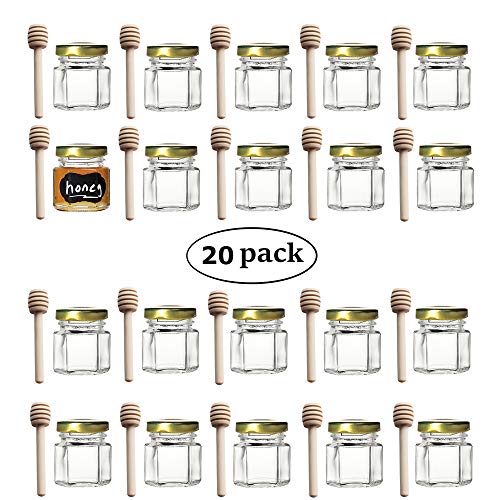 1.5 oz Hexagon Mini Glass Honey Jars with Wood Dipper, Gold Lid, 20 pack
