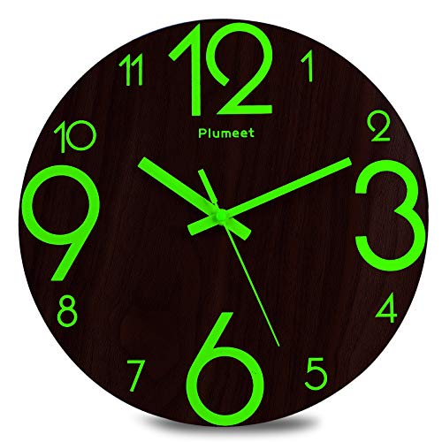 Plumeet Luminous Wall Clocks - 12'' Non-Ticking Silent Wooden Clock with Night Light - Large Decorative Wall Clock for Kitchen Office Bedroom,Battery Operated (Wood)