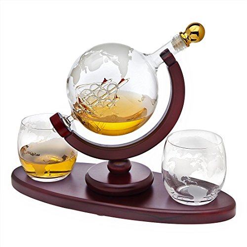 Whiskey Decanter Globe Set with 2 Etched Globe Whisky Glasses - for Liquor, Scotch, Bourbon, Vodka - 850ml