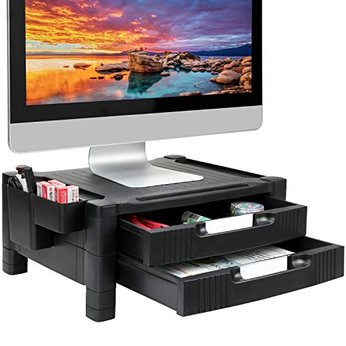 Monitor Stand Riser with 2 Drawers - Adjustable Monitor for Computer, Laptop, Printer with Organizer Drawer, Office Supply Caddy & Cable Management Slot by HUANUO