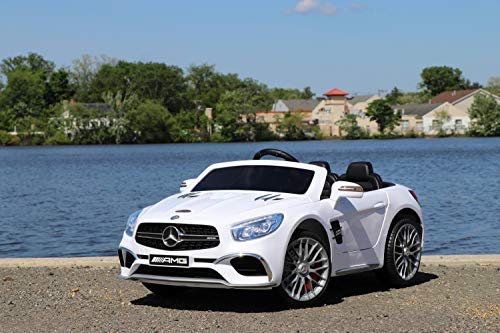 First Drive Mercedes Benz SL White 12v Kids Cars - Dual Motor Electric Power Ride On Car with Remote, MP3, Aux Cord, Led Headlights, and Premium Wheels