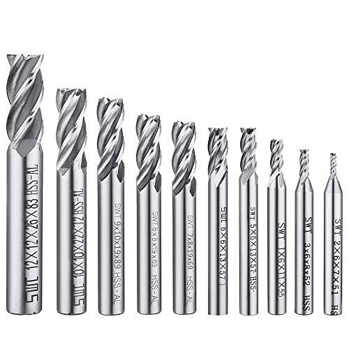 10 pcs 4-Flute End Mill Bits, AFUNTA 0.08' - 0.47' HSS CNC Straight Shank Drill Bits Cutter Tool Set for Wood Aluminum Steel Titanium