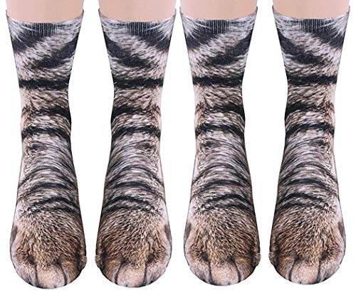 2Pairs 3D Socks Unisex Adult Big Kids Animal Paw Crew Socks - Sublimated Print (2Pairs Cat)