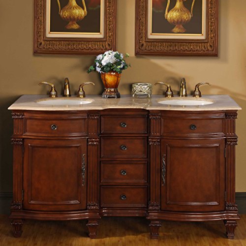 Silkroad Exclusive HYP-0722-T-UIC-60 Travertine Stone Top Double Sink Bathroom Vanity with Cabinet, 60', Medium Wood