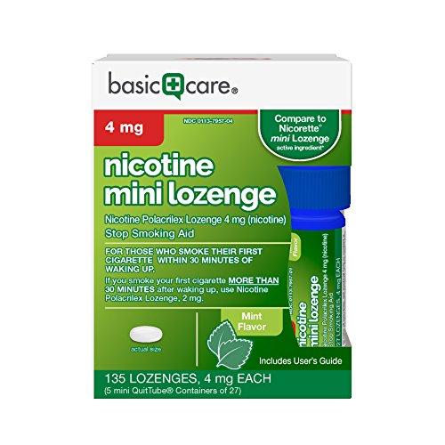 Amazon Basic Care Mini Nicotine Polacrilex Lozenge, 4 mg (nicotine), Stop Smoking Aid, Mint Flavor; quit smoking with mint nicotine lozenge, 135 Count