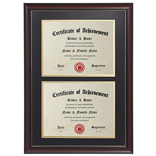 ELSKER&HOME Double Certificate Frame-Cherry Wood Color Golden Rim- 2.0mm Panels-Made for Document&Diploma for Two 8.5×11 Inch with Mat and 14×20 Inch Without Mat(Double Mat,Black with Golden Rim)