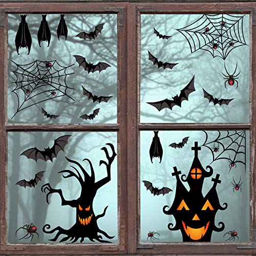 CCINEE 90pcs Halloween Window Clings, 6 Sheet Black Bats Spiders Webs Window Clings Decals Stickers for Halloween Party Decorationn Supplies