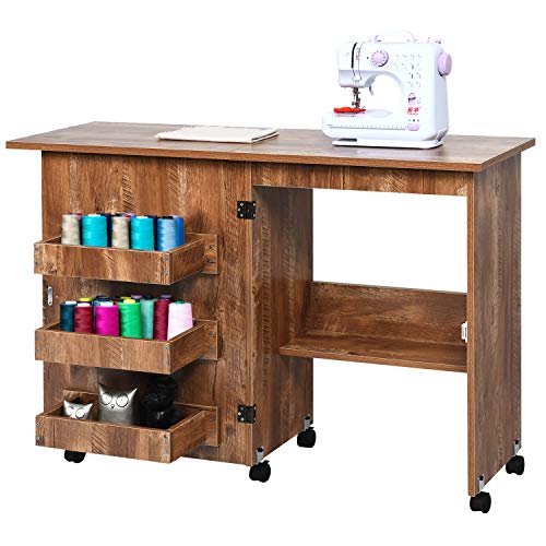 Sewing Table Folding Sewing Craft Cabinet with Storage Shelves and Lockable Casters Folding Rolling Sewing Cart Art Craft Desk for Sewing Machine, Space-Saving Sewing Cabinet for Small Room, Brown