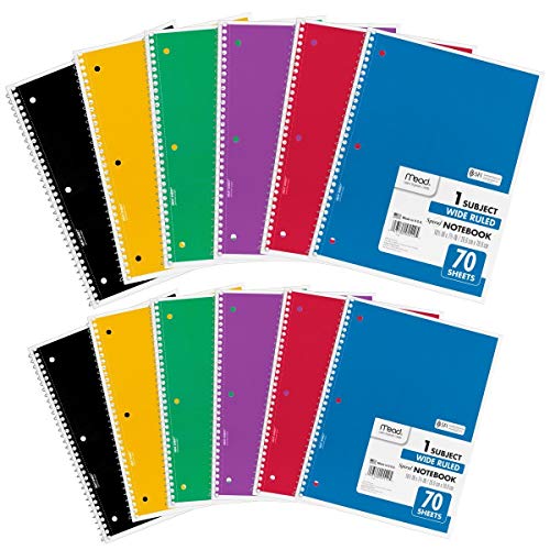 Mead Spiral Notebooks, 1 Subject, Wide Ruled Paper, 70 Sheets, Colored Note Books, Lined Paper, Home School Supplies for College Students & K-12, 10-1/2' x 7-1/2' Assorted Colors, 6 Pack (73063)