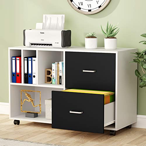 Tribesigns 2-Drawer Lateral File Cabinets Legal Size, Large Vintage Mobile Filing Cabinet Printer Stand with Wheels and Open Storage Shelves for Study, Home Office(White)