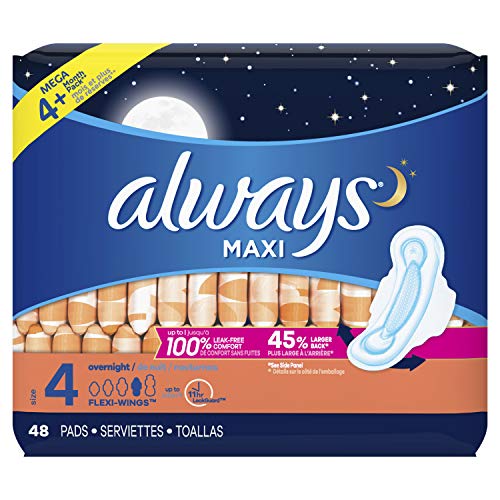 Always Maxi Size 4 Overnight Pads with Flexi-Wings Flexible Wings, Unscented, 48 Count