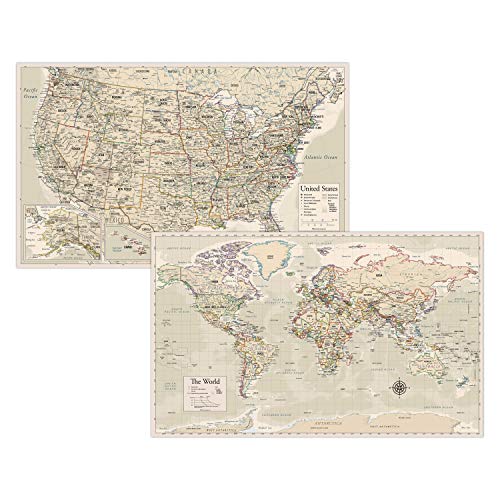 Antique Laminated World Map & US Map Poster Set - 18' x 29' - Wall Chart Maps of The World & United States - Made in The USA - Updated for 2020 (Laminated, 18' x 29')