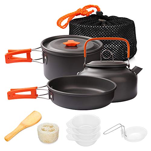 Gutsdoor Camping Cookware Set 4 Person Camping Cooking Set Non Stick Family Backpacking Cooking Set Lightweight Stackable Pot Pan Kettle Bowls with Storage Bag for Outdoor Hiking (10 Piece/Set)