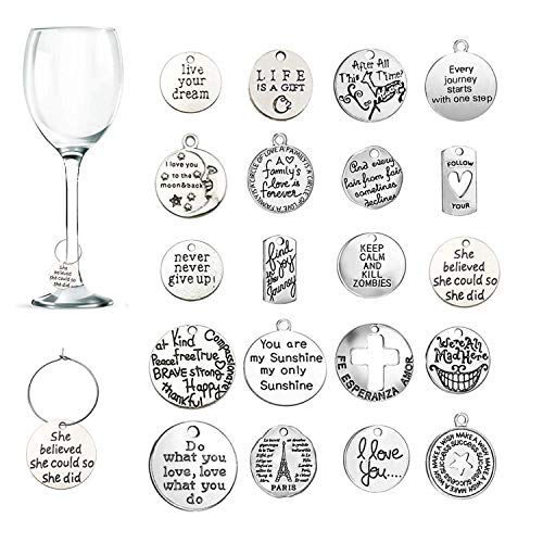 20 pcs Wine Glass Charms, CNYMANY Inspiration Text Themed Goblet Drink Markers Tags with Buckle Design for Wine Cocktail Champagne Tasting Party Favors Decoration Supplies Gifts