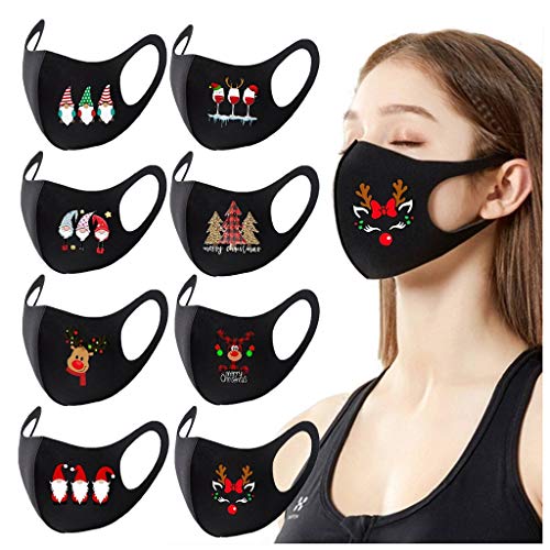 8PCS Adult Face Protection Christmas Printed Breathable Reusable Washable Dustproof Windproof Face Bandanas with Elastic Earloop for Outdoor Activities Women and Men
