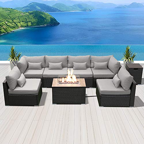 DINELI Patio Furniture Sectional Sofa with Gas Fire Pit Table Outdoor Patio Furniture Sets Propane Fire Pit (Light Grey-Rectangular Table)