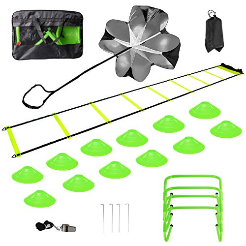 pingqian Speed Agility Training Set, Includes Agility Ladder, Resistance Parachute, Whistle, 12 Agility Disc Cones,4 Hurdles-Exercise Equipment Boost Fitness & Increase Quick Footwork for All Sports