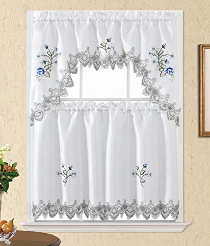 Beatrice Home 3pc Kitchen Curtain and Valance Set/1 Swag Valance and 2 Tiers,2 Tiers Width 30'x 36' Each and The Valance Length 60'x36' Shadow (Blue Rose)