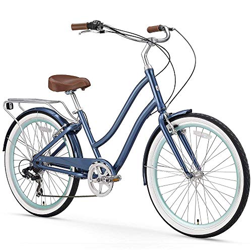sixthreezero EVRYjourney Women's 7-Speed Step-Through Hybrid Cruiser Bicycle, 26' Wheels and 17.5' Frame, Navy with Brown Seat and Grips (630035)