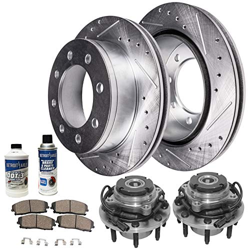 Detroit Axle - Front Wheel Bearing Hub Assembly and Drilled Slotted Brake Kit Rotor w/Ceramic Pad Kit for 00-02 Ford Excursion - [00-04 F-250/350 Super Duty] - 4WD Coarse Thread SRW