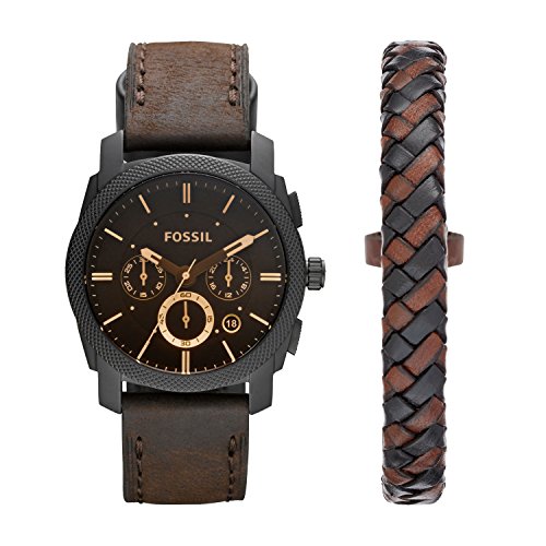 Fossil Men's Machine Chrono Quartz Leather Chronograph Watch, Color: Black, Brown Bracelet Set (Model: FS5251SET)