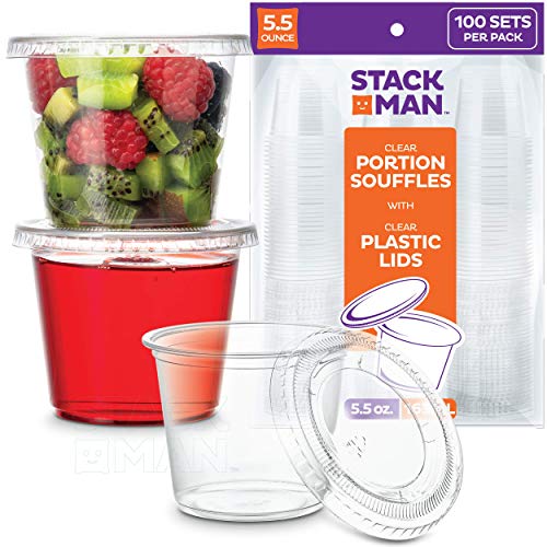 [100 Sets - 5.5 oz.] Plastic Cups with Lids, Clear Portion Cups, Disposable Snack Cups, Yogurt Cups, Parfait Cups, Pudding Cups, Souffle Cups, Dessert Cups, Disposable Containers with Lids 5.5oz.