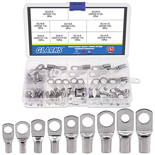Glarks 65Pcs Assorted Heavy Duty Wire Lugs Battery Cable Tinned Copper Eyelets Tubular SC Ring Terminals Connectors with Spy Hole Assortment Kit
