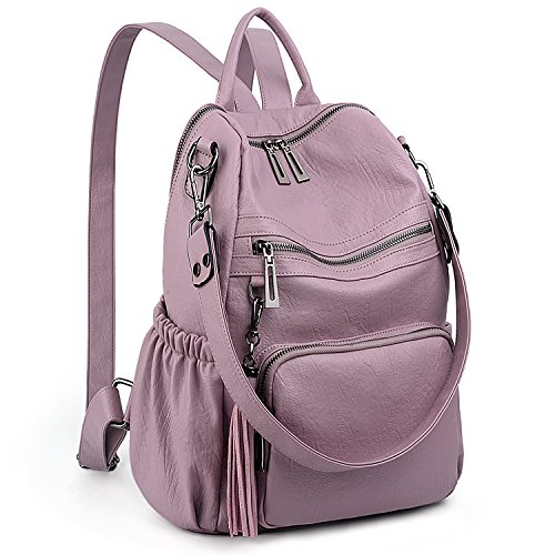 UTO Women Backpack Purse PU Washed Leather Convertible Ladies Rucksack Tassel Zipper Pocket Shoulder Bag C Light Purple
