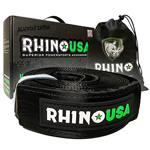 Rhino USA Recovery Tow Strap 3' x 20ft - Lab Tested 31,518lb Break Strength - Heavy Duty Draw String Bag Included - Triple Reinforced Loop End to Ensure Peace of Mind - Emergency Off Road Towing Rope