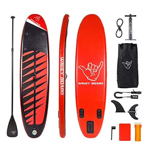 WAVEY BOARD 10' Inflatable Stand Up Paddle Board Bundle Premium SUP Bundle with Paddleboard Bags, Adjustable Paddle | Surf Control, Bottom Fin for Paddling, Wide Stance, Non-Slip Deck | Red, BK608