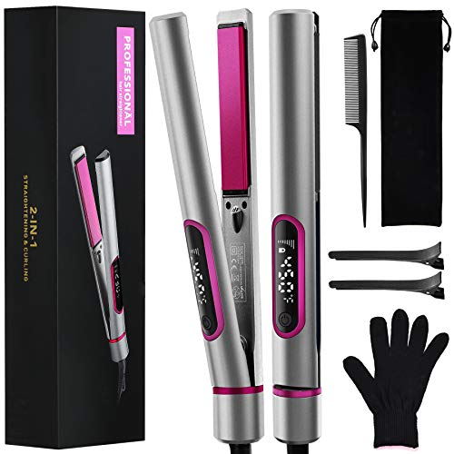 Hair Straightener and Curler 2 in 1,GOOLEEN Flat Iron for Hair Styling,1 Inch Extra-Long Tourmaline Ceramic Titanium Plate,Fast Heat Straightening Curling Iron,LCD Display Adjustable Temp 290-450℉