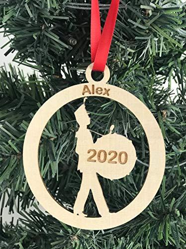 Custom engraved wood marching band bass drum ornament with name and year