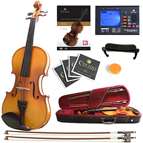 Mendini MV400 Ebony Fitted Solid Wood Violin with Tuner, Lesson Book, Hard Case, Shoulder Rest, Bow, Rosin, Extra Bridge and Strings - Size 4/4, (Full Size)