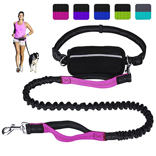 Hands Free Dog Leash for Running Walking Training Hiking, Dual-Handle Reflective Bungee, Poop Bag Dispenser Pouch, Adjustable Waist Belt, Shock Absorbing, Ideal for Medium to Large Dogs (Black W Pink)