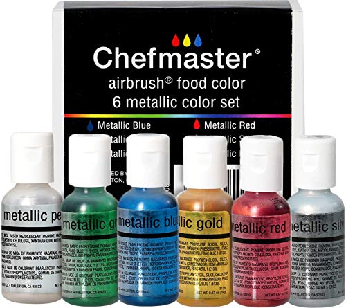 Chefmaster - Metallic Airbrush Kit - Airbrush Food Coloring - 6 Pack - Vibrant, Highly Pigmented Sheen, Fade-Resistant, Works With Any Airbrush Tool, Achieve Amazing Effects & Designs