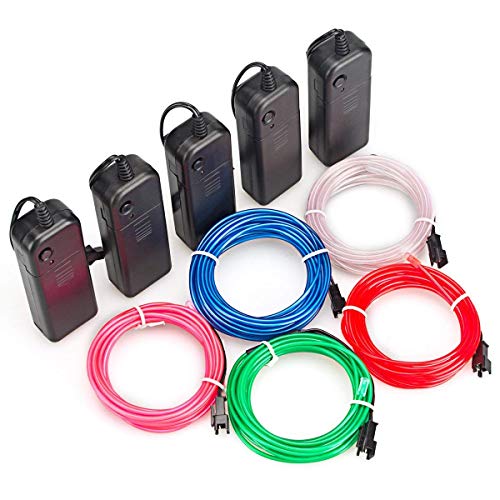 AIT EL Wire Kit 9ft, Portable Neon Lights for Parties, Halloween, DIY Decoration (5 Pack, Each of 9ft, Red, Green, Pink, Blue, White)