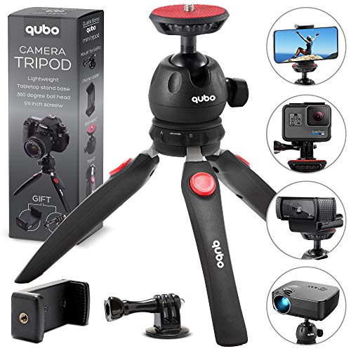 qubo Mini Tripod Camera Holder - Premium Tabletop Small Phone Tripod Mount for GoPro iPhone / Cell Phones Webcam Projector Compact DSLR - Hand Desktop Camera Tripod Stand Table