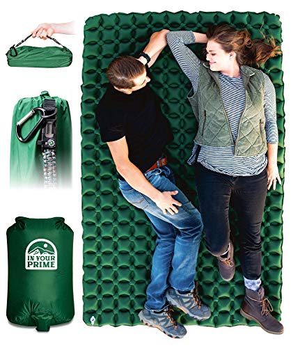 In Your Prime Double Sleeping Pad | (35.6 OZ) Inflatable Backpacking Bed | Ultralight Portable Camping, car, Tent, Truck Mattress | 2 Person mat | Includes Paracord Bracelet, Pump Sack, Carabiner