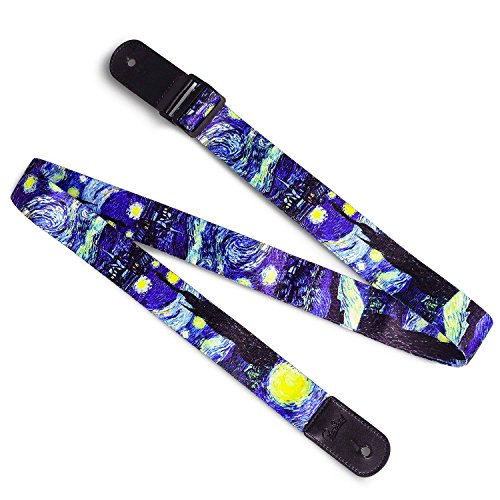 Van Gogh'Starry Night' Ukulele Strap & Leather Ends Shoulder Strap for Soprano Concert Tenor and Baritone Ukulele (Uke-Starry Night)