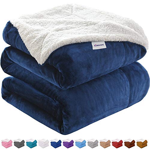 KAWAHOME Sherpa Fleece Blanket Super Soft Extra Warm Thick Winter Blanket for Couch Sofa Bed Queen Size 90 X 90 Inches Navy Blue